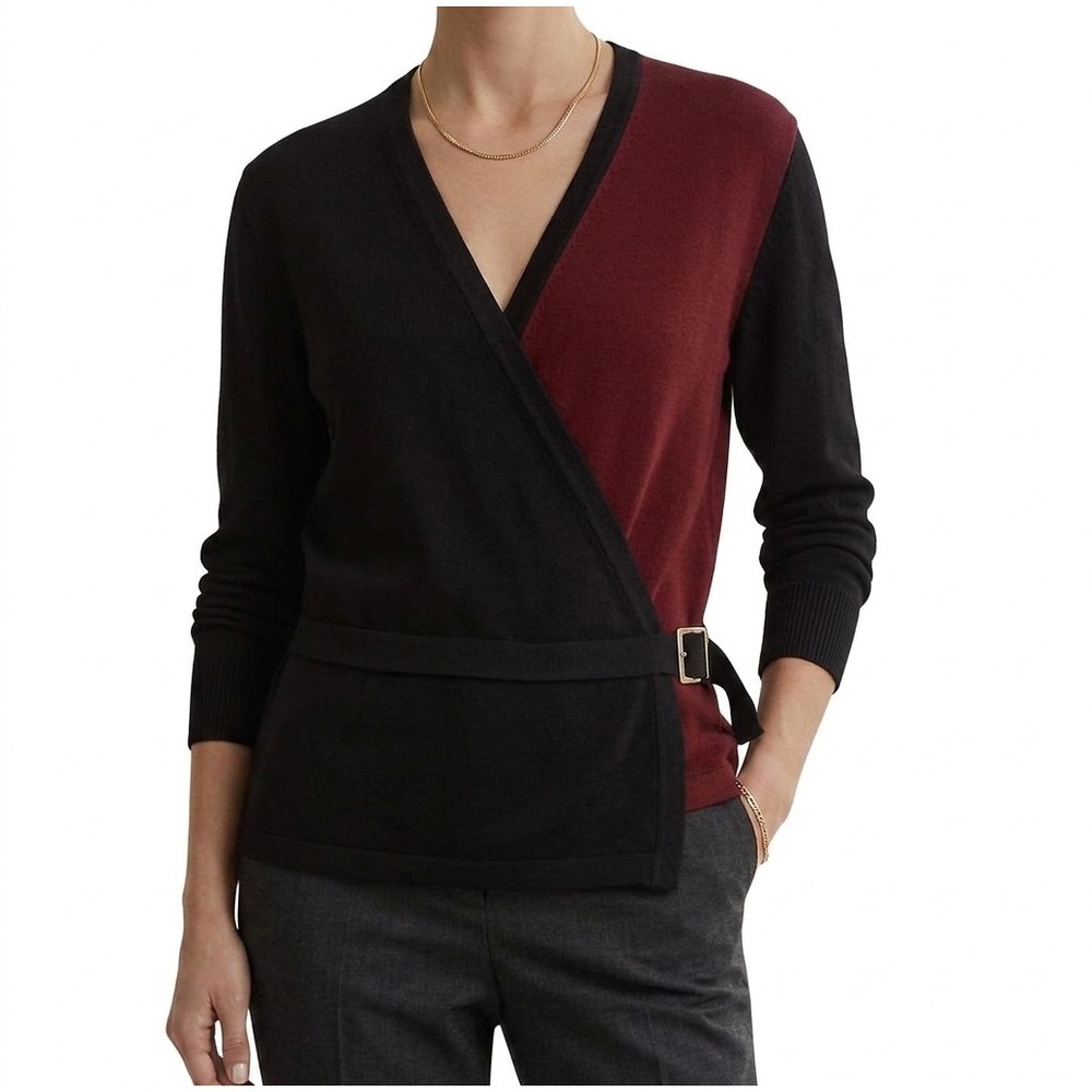 St. John SJK Womens Black Burgundy Colorblock Wrap‎ Buckle Knit Sweater Size 8